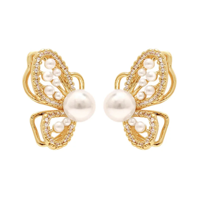 Personality Butterfly Golden Earrings Women Temperament Imitation Pearl Inlaid Rhinestones Shiny Earrings