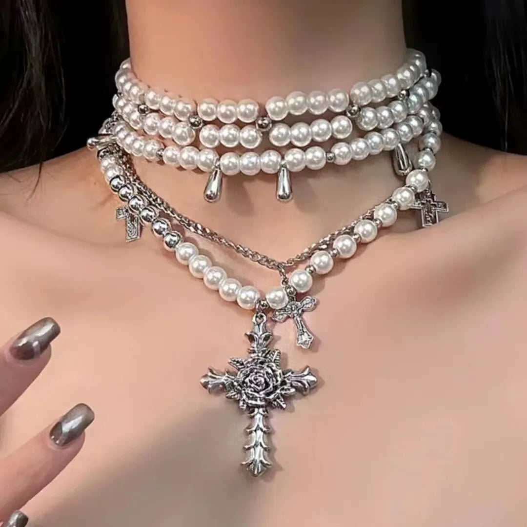 Goth Rose Flower Imitation Pearl Bead Cross Pendant Necklace for Women Multilayer Pearl Chains Aesthetic Vintage Luxury Jewelry-Dollar Bargains Online Shopping Australia