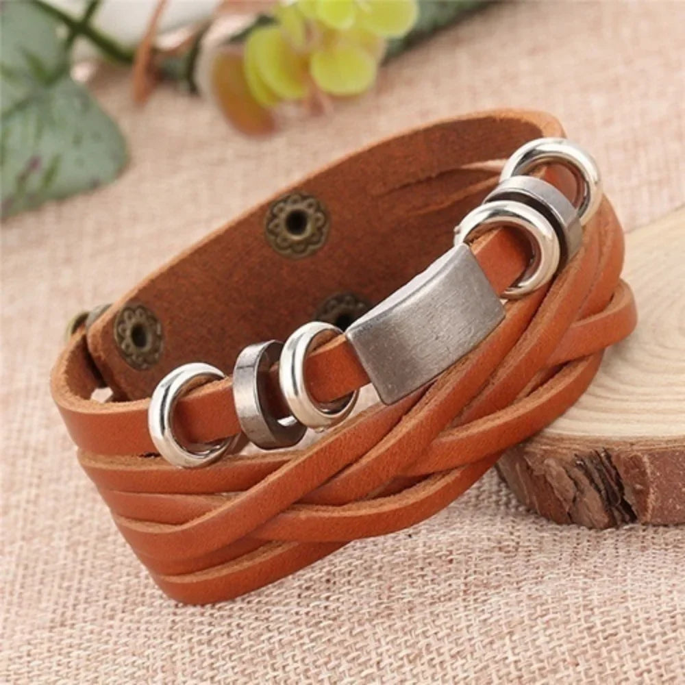 Mens Vintage Multilayer Braided Faux Leather Bangle Cuff Bracelet Wristband-Dollar Bargains Online Shopping Australia