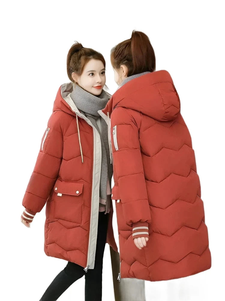 Women Jackets Coats Casual Long Parka Cotton Turtleneck Hooded Cuffs Closing Jackets Wind-proof Travelling Coats