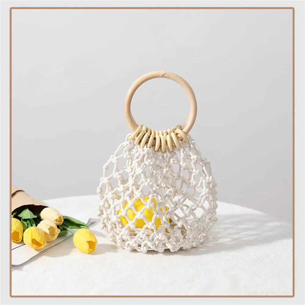 Summer Straw Woven Beach Bag Hollow Fishnet Handbag Women Shoulder Bags Rattan Ladies Purses Fashion Wrist Pack Bucket Tote-Dollar Bargains Online Shopping Australia