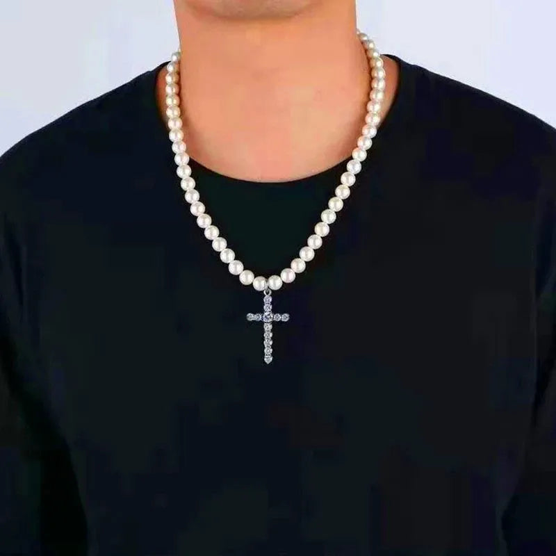 Trendy Punk Imitation Pearl Bead Chain Spikes/Cross Pendant Necklace Men Hiphop Layered  Choker Set Fashion Jewelry