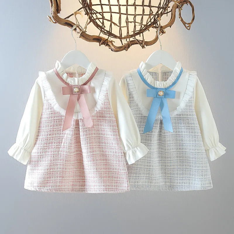 Girl Dresses Korean Fashion Cute Bow Mesh Plaid Long Sleeve Princess Kids Dress Baby Clothes Outfit-Dollar Bargains Online Shopping Australia