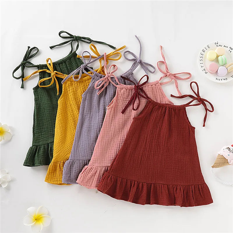 Kid Girl Summer Breathable Cotton Slip Dress Adjustable  Solid Color Halter Dress Toddler Girl Holiday Beachwea