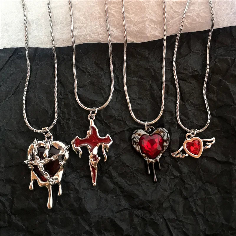 Vintage Y2k Red Love Heart Cross Pendant Snake Chain Necklace For Women Men Halloween Aesthetic Gothic Rave Jewelry Accessories-Dollar Bargains Online Shopping Australia