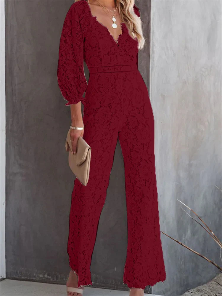 Elegant Women Lace Wide Leg Pants Jumpsuits Solid Color Long Sleeve High Waist V Neck Floral Rompers-Dollar Bargains Online Shopping Australia