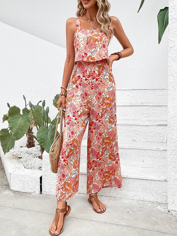 Elegant Long Jumpsuit Women Sexy Backless Wide Leg Jumpsuits Casual Sleeveless Floral Rompers-Dollar Bargains Online Shopping Australia