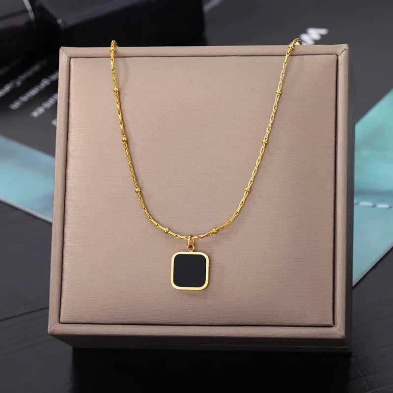 Vintage Rust Steel Zircon Necklace Flat Snake Bone Chain Blade Chain Square Emerald Pendant Necklace Women-Dollar Bargains Online Shopping Australia