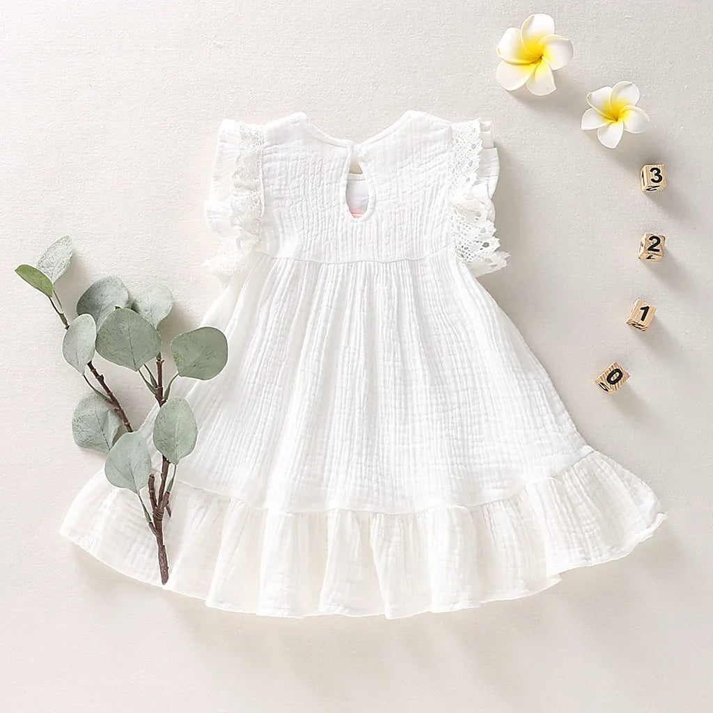 Infant Baby Girls Cotton Linen Dresses Pleated Short Sleeve Delicate Embroidery Swing White Dress Summer Leisure Dress-Dollar Bargains Online Shopping Australia