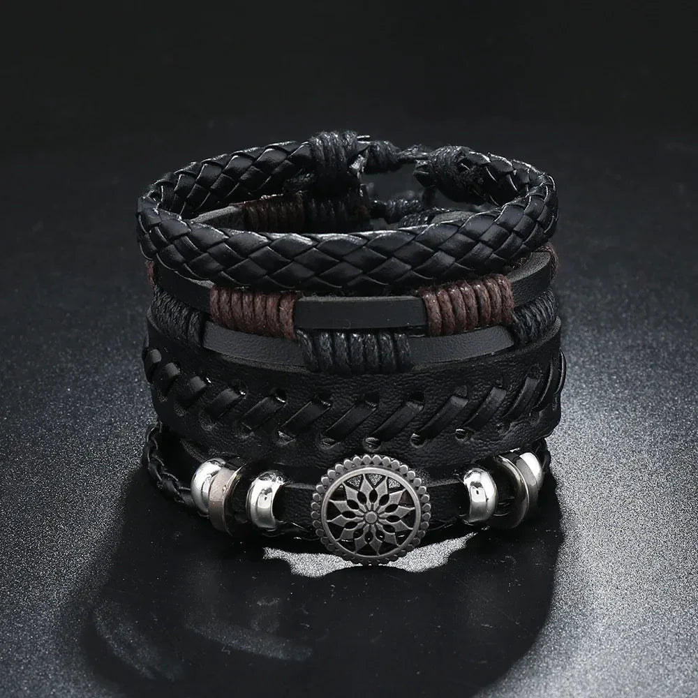 Trendy Compass Man Leather Bracelets set Black Hand Woven Bracelet for Men 4pcs/set DIY Male Jewelry Gift New Pulsera Hombre-Dollar Bargains Online Shopping Australia