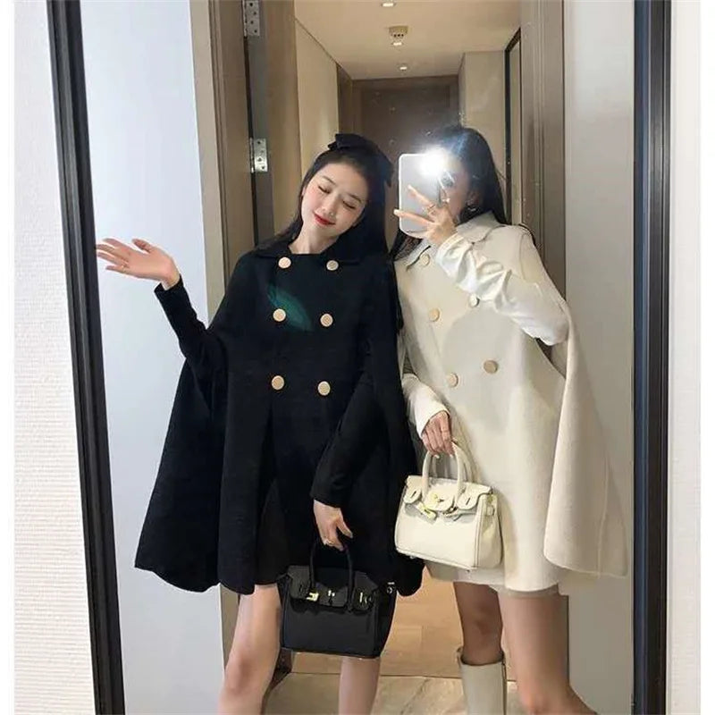 Fashion Woolen Poncho Coats for Women Autumn Winter Solid Cape Cloak Coat Loose Overcoat Female Double Breasted Lapel Jackets-Dollar Bargains Online Shopping Australia