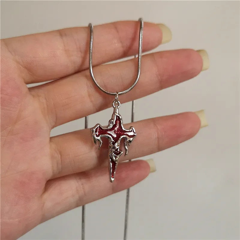 Vintage Y2k Red Love Heart Cross Pendant Snake Chain Necklace For Women Men Halloween Aesthetic Gothic Rave Jewelry Accessories-Dollar Bargains Online Shopping Australia