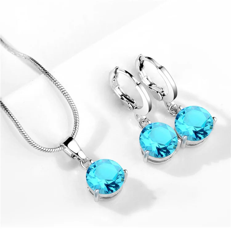 925 Silver Needle Trendy Crystal Pendant Necklace Earrings Jewelry Set For Women Girls Wedding Engagement Fashion Jewelry-Dollar Bargains Online Shopping Australia
