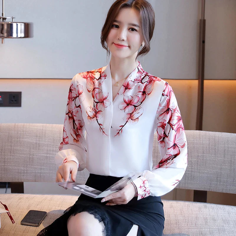 Blouses White Blouse Long Sleeve Blouse Women V-Neck Print Chiffon Shirt Women Tops-Dollar Bargains Online Shopping Australia