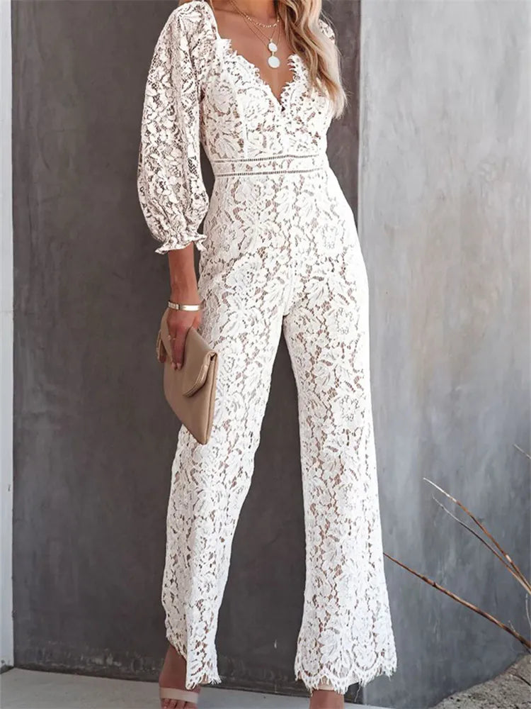 Elegant Women Lace Wide Leg Pants Jumpsuits Solid Color Long Sleeve High Waist V Neck Floral Rompers-Dollar Bargains Online Shopping Australia