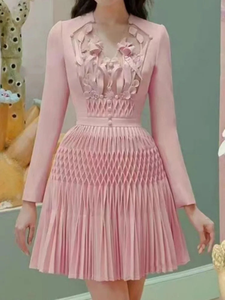 Dress V-neck Pleated Buttons 3D Flower Patchwork A-line Women's Evening Party Dresses-Dollar Bargains Online Shopping Australia