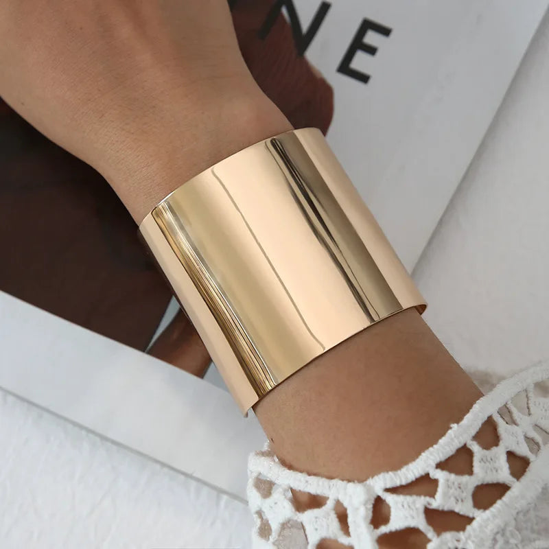 Vintage Hip Hop Wide Cuff Bangles Simple Gold Silver Color Metal Bangle For Women Men Couple Pulseras Bracelets Bangles