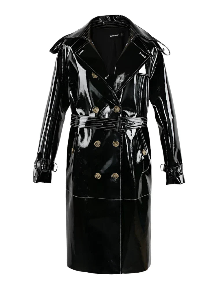 Long Shiny Black Red Patent Pu Leather Trench Coat for Women Belt Double Breasted Luxury Designer Clothes-Dollar Bargains Online Shopping Australia