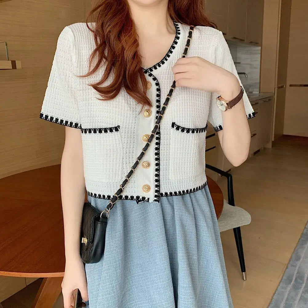 Women's V-neck T-Shirt Tops Small Fragrant Style Summer Short Sleeved Thin Knit Cardigan Elegant Slim-fit All-Match-Dollar Bargains Online Shopping Australia