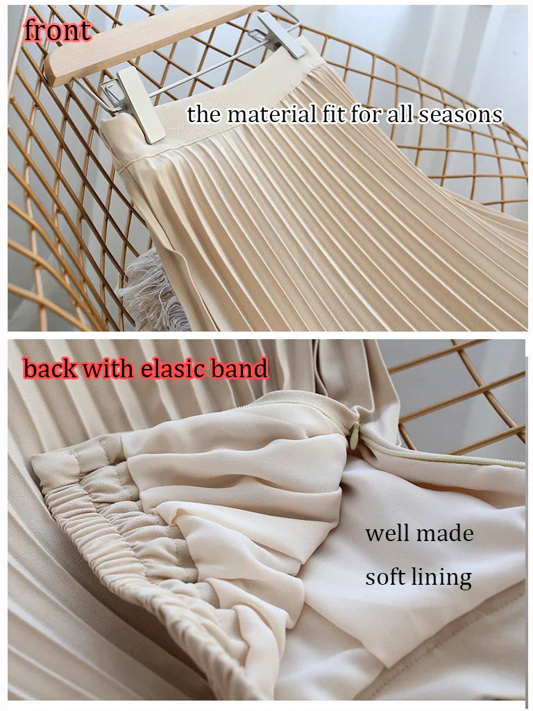 Women Spring Autumn Elegant Chic Solid Pleated Skirt High Waist Luxury Fashion With Elastic Female-Dollar Bargains Online Shopping Australia