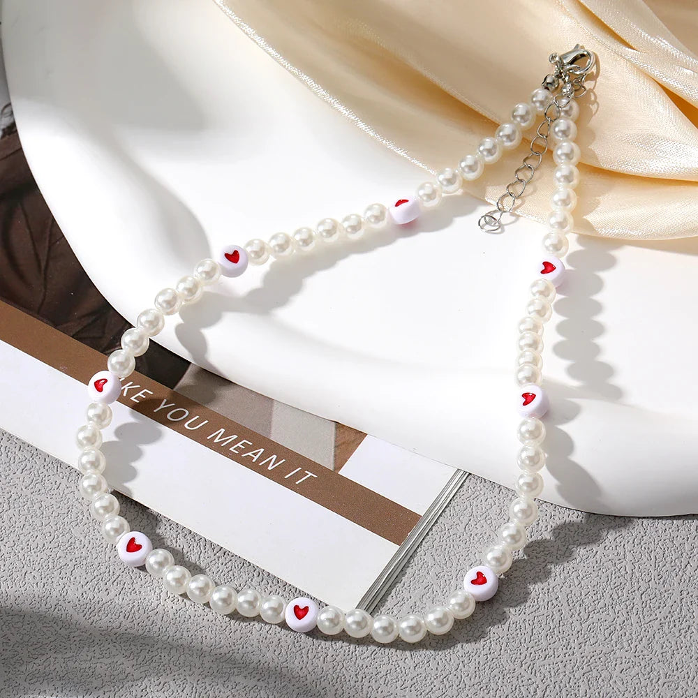 Y2K Artificial Pearls Beads Necklace for Women Girls Red Heart Pendant Cute Love Vintage Choker Necklaces Fashion Jewelry