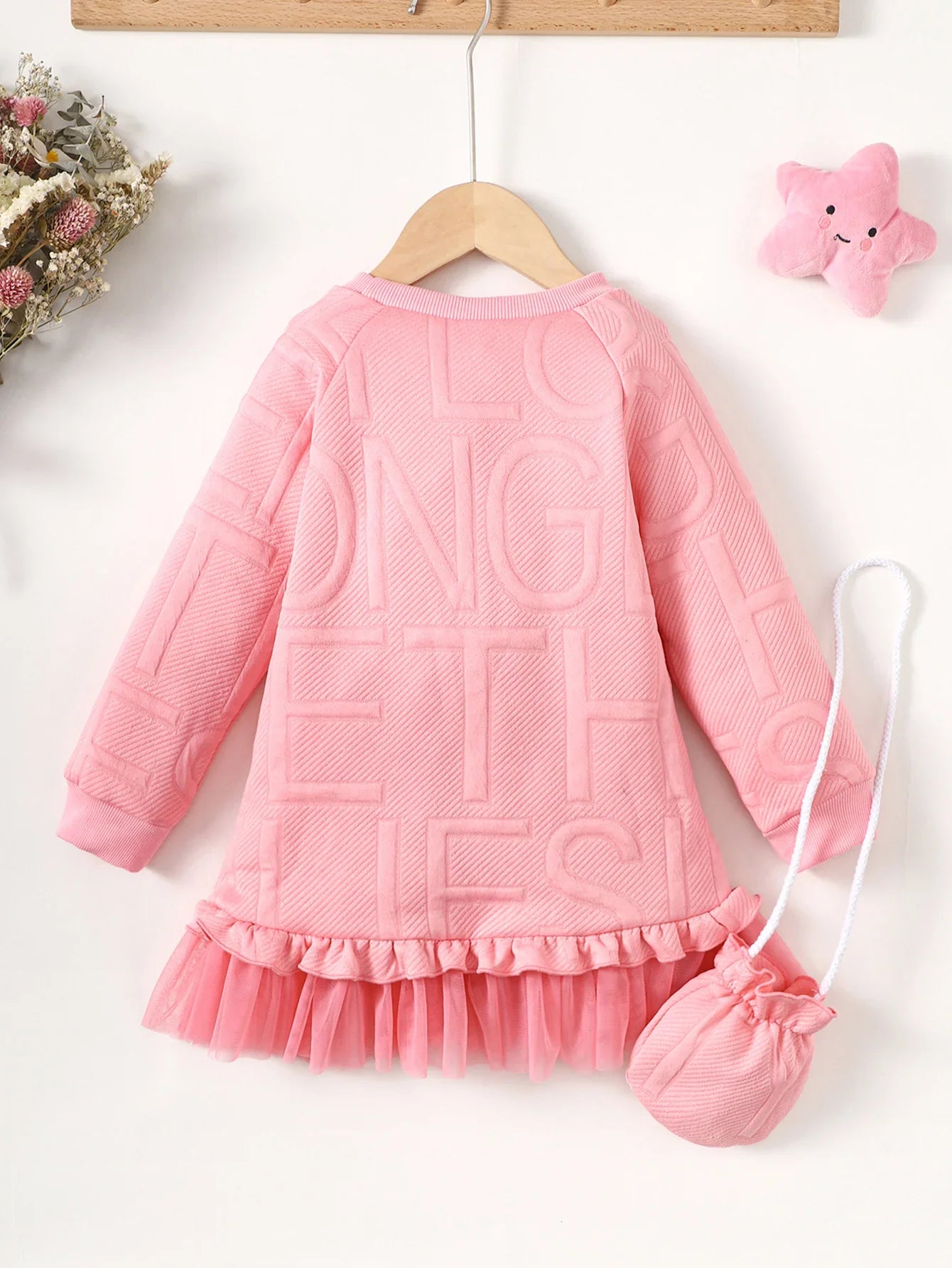 Children Girl Embossed Letter Long Skirt Winter Long Sleeve Dress with Satchel Princess Dress Birthday Party Outfit-Dollar Bargains Online Shopping Australia