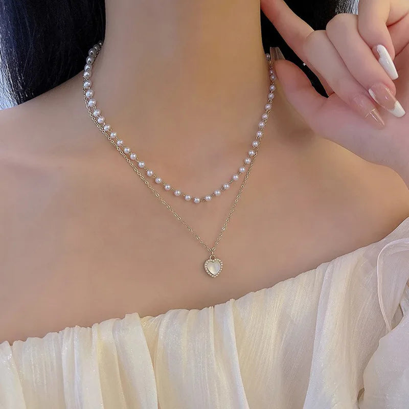 Cute Love Heart Shaped Pendant Necklace Pearl Chain Shiny Fashion Women Aesthetic Choker Wedding Party Jewelry Gift