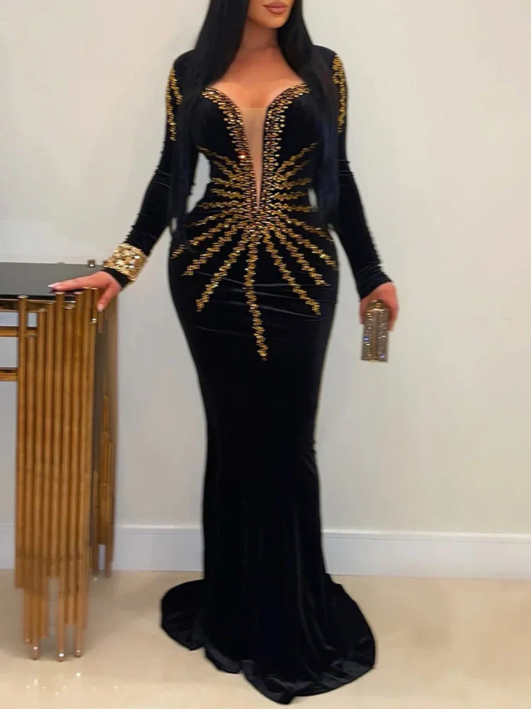 Elegant Diamonds Velvet Long Party Dress for Women Sexy Deep V Evening Gown Formal Black Slim Dress Robe-Dollar Bargains Online Shopping Australia