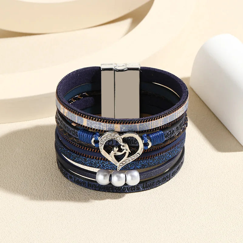 Boho Style Multi Layer Leather Bracelet for Women Luxury Jewelry Cupid Heart Open Magnet Buckle Bracelet as a Holiday Gift