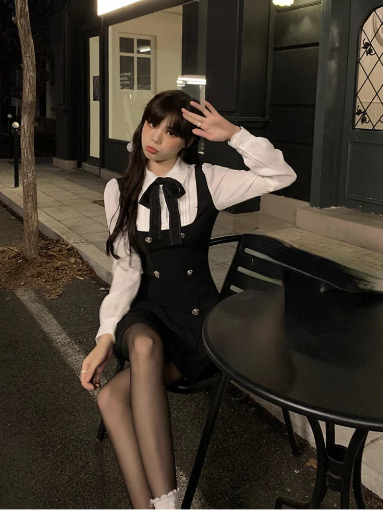 Two Dress Women Slim Chic Long Sleeve Bow Casual Y2k Mini Dress Female Korean Fashion Elegant Short Party Dress-Dollar Bargains Online Shopping Australia