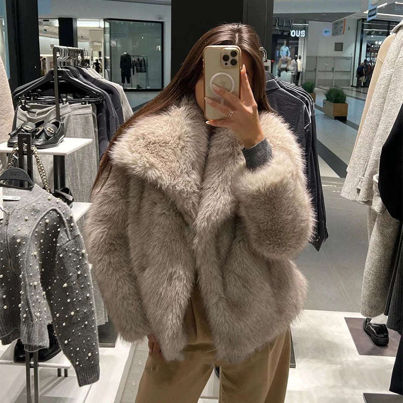 Gradient Fluffy Fur Coat Women High Street Luxury Big Faux Fur Collar Jacket Female Overcoats