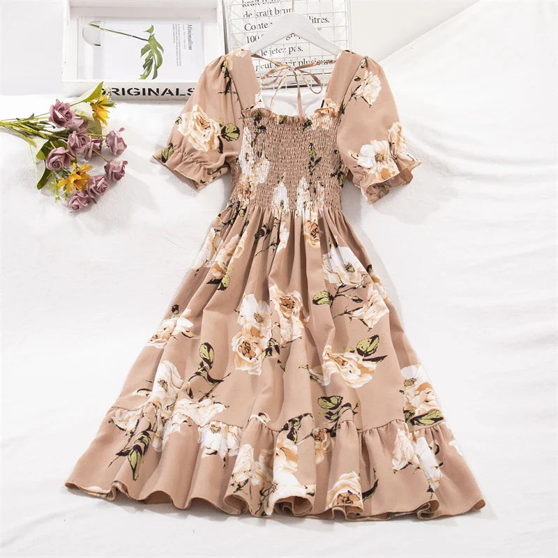 Chiffon Dresses Fashion Female Elastic Waist Short Sleeve Pleated Casual Dress Women A-line Dresses-Dollar Bargains Online Shopping Australia