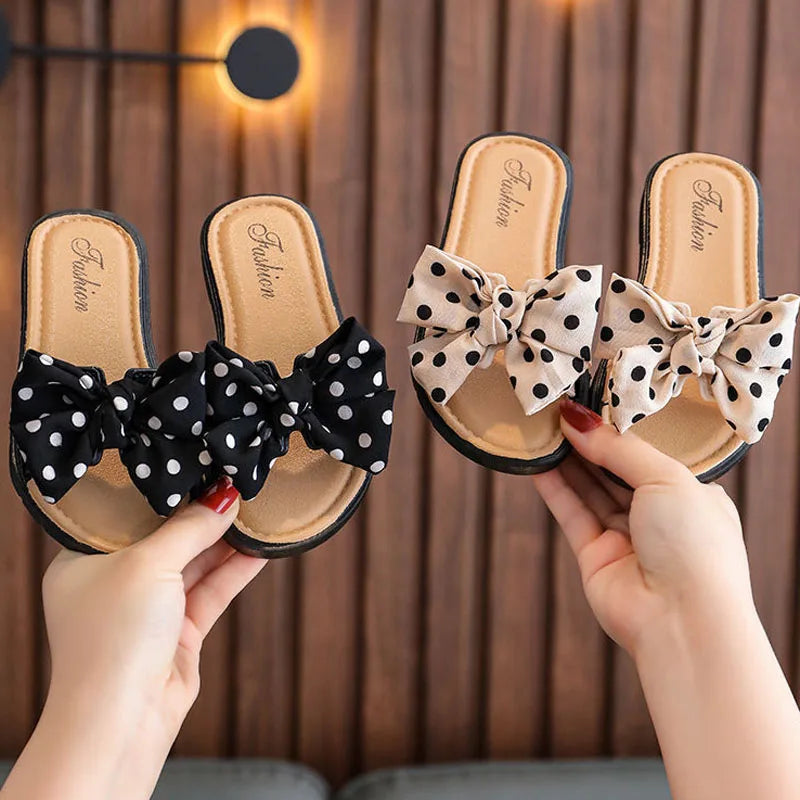 Bow Flats Open Toe Slide Sandals Non-slip Flip Flops Children Home Slippers Kids Girls Summer Cute Beach Slippers Shoe