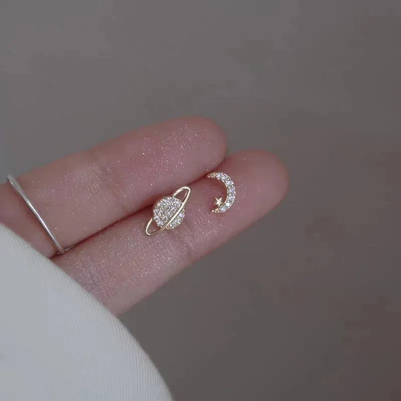 Planet Earrings Silver Color Piercing for Women Moon Star Crystal Zircon Ear Stud Earrings Tragus Cartilage Body Jewelry-Dollar Bargains Online Shopping Australia
