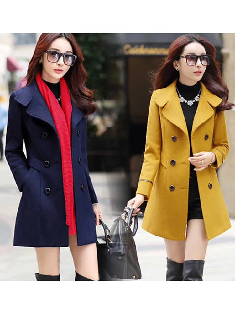 Jacket Women Double Breasted Solid Color Coat Korean Slim Female Woolen Jacket