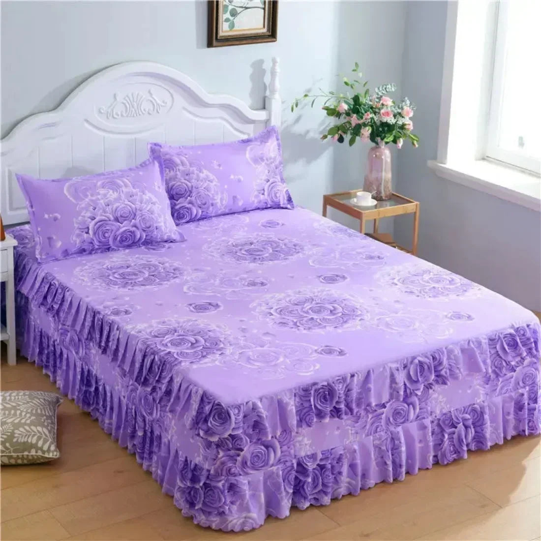 3PCS/Set Bed Sheet Set Flower Bedspread Non-Slip Bed Dress Sheet for King/Queen