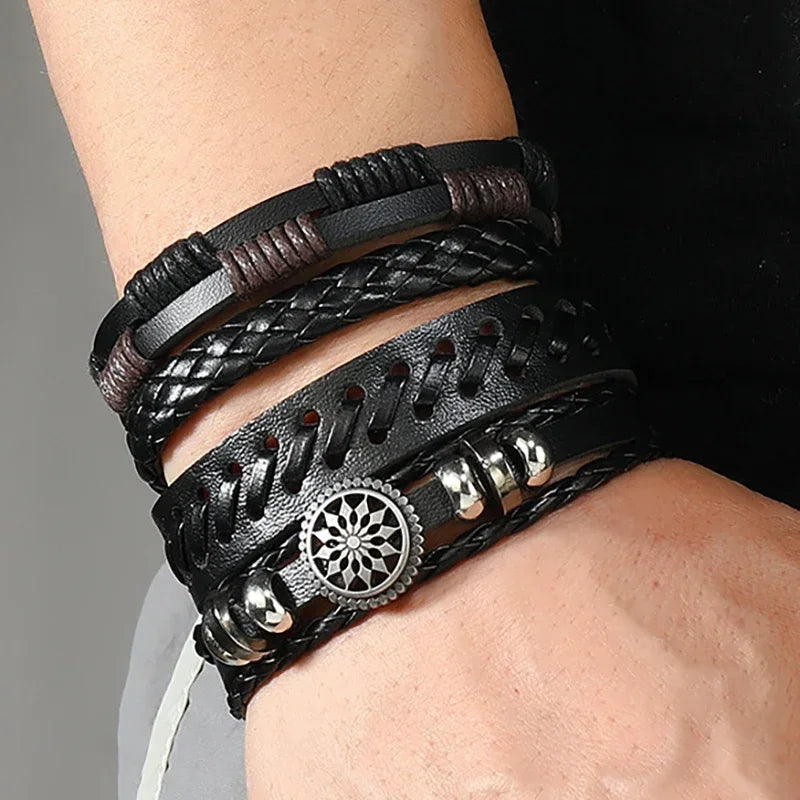Trendy Compass Man Leather Bracelets set Black Hand Woven Bracelet for Men 4pcs/set DIY Male Jewelry Gift New Pulsera Hombre-Dollar Bargains Online Shopping Australia