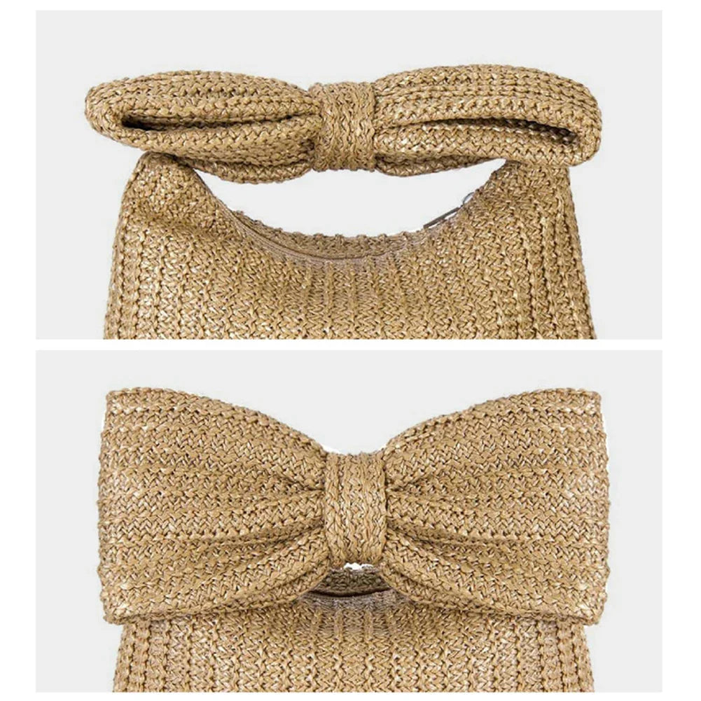 Women Straw Woven Handbag Zipper Closure with Bow Straw Summer Handbag Versatile Female Party Wedding Bag