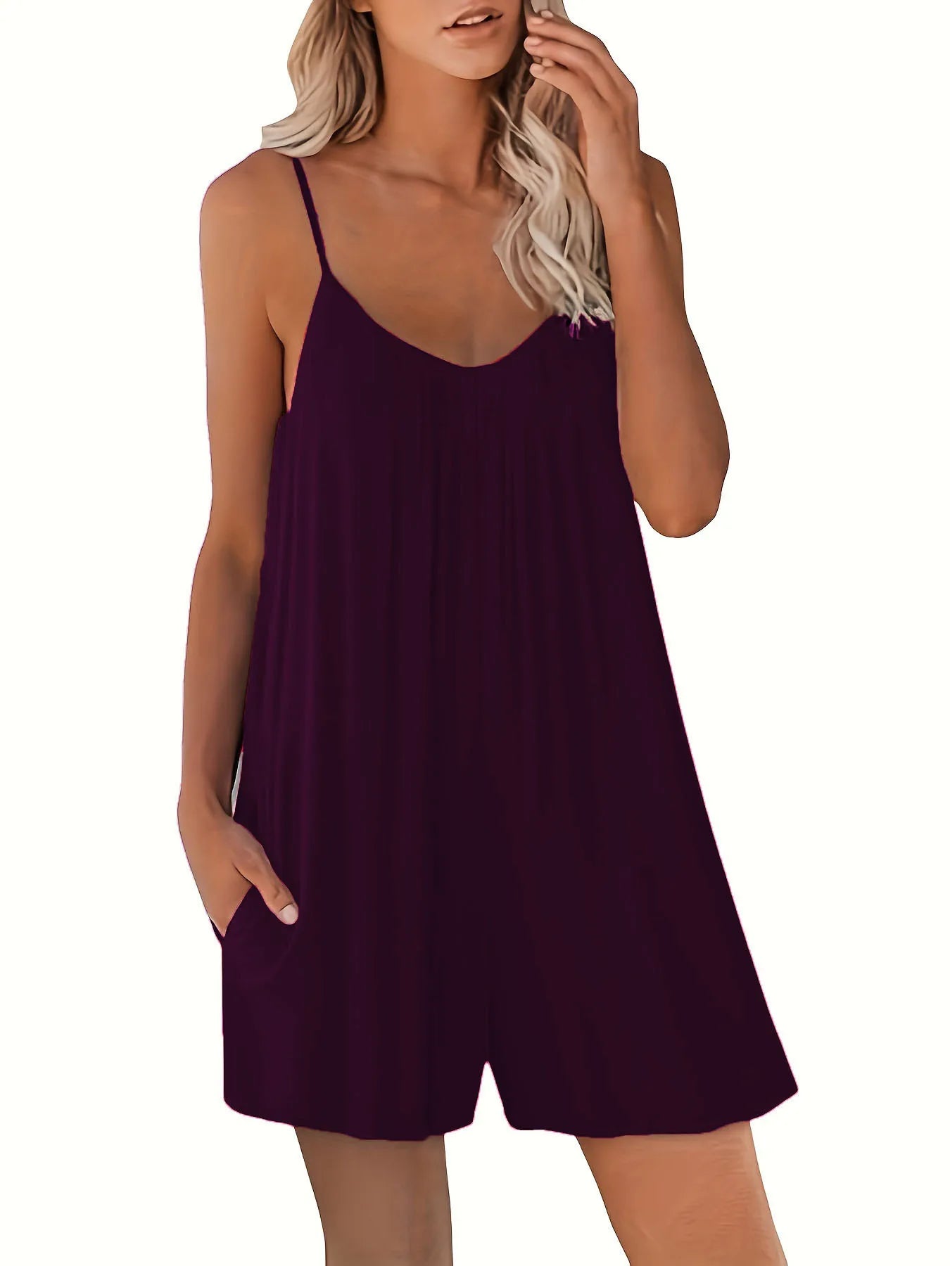 Women's Casual Strap Shorts Solid Round Neck Loose Pocket Jumpsuit-Dollar Bargains Online Shopping Australia