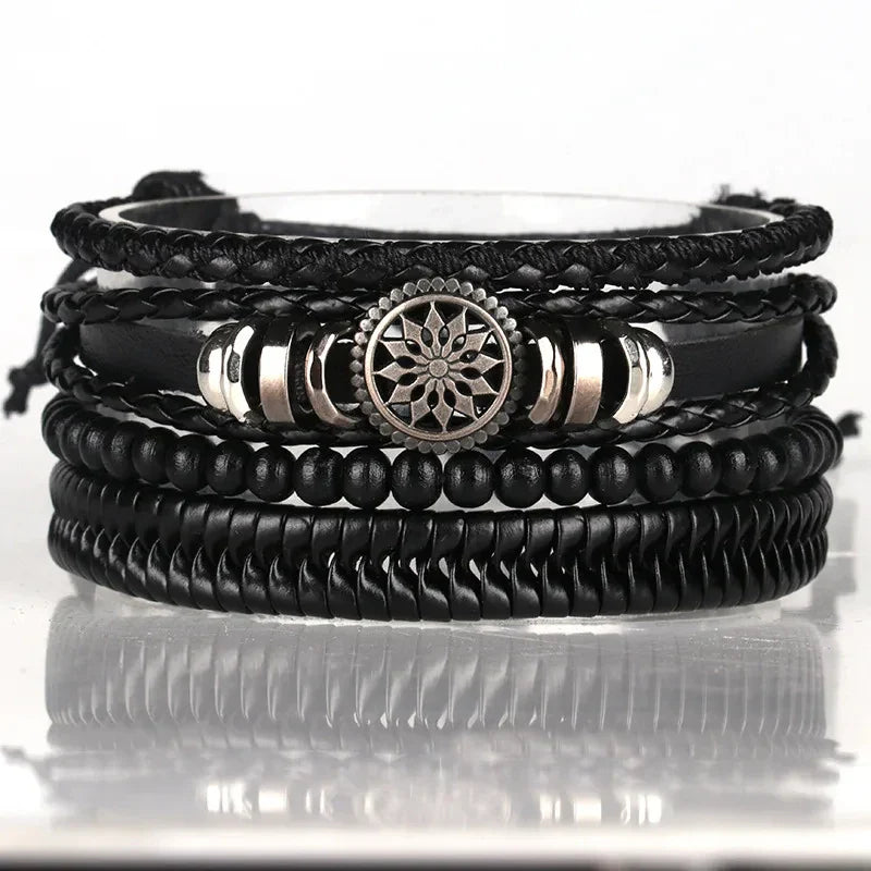 Trendy Compass Man Leather Bracelets set Black Hand Woven Bracelet for Men 4pcs/set DIY Male Jewelry Gift New Pulsera Hombre-Dollar Bargains Online Shopping Australia