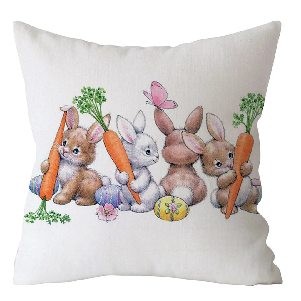 Spring Easter Home Decoration Cushion Cover Square Pillow Case Cartoon Rabbit  Egg Print