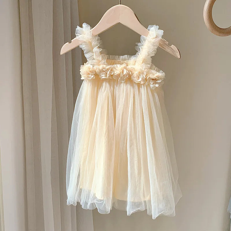Kids Girl Dress 3D Flower Sling Sweet Beauty Children's Mesh Solid Color Baby Girls Beach Princess Fluffy Skirt-Dollar Bargains Online Shopping Australia