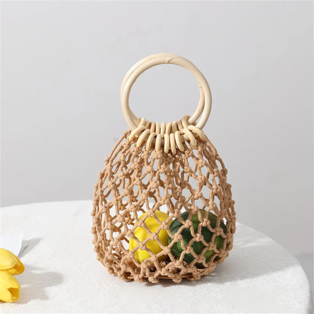Summer Straw Woven Beach Bag Hollow Fishnet Handbag Women Shoulder Bags Rattan Ladies Purses Fashion Wrist Pack Bucket Tote-Dollar Bargains Online Shopping Australia