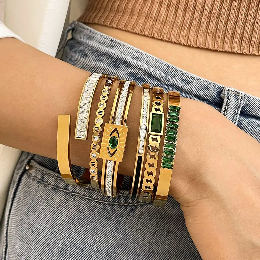 Chic Green Zircon Stainless Steel Bangle Bracelets for Women Charm Texture Simple Gold Color Accessories-Dollar Bargains Online Shopping Australia