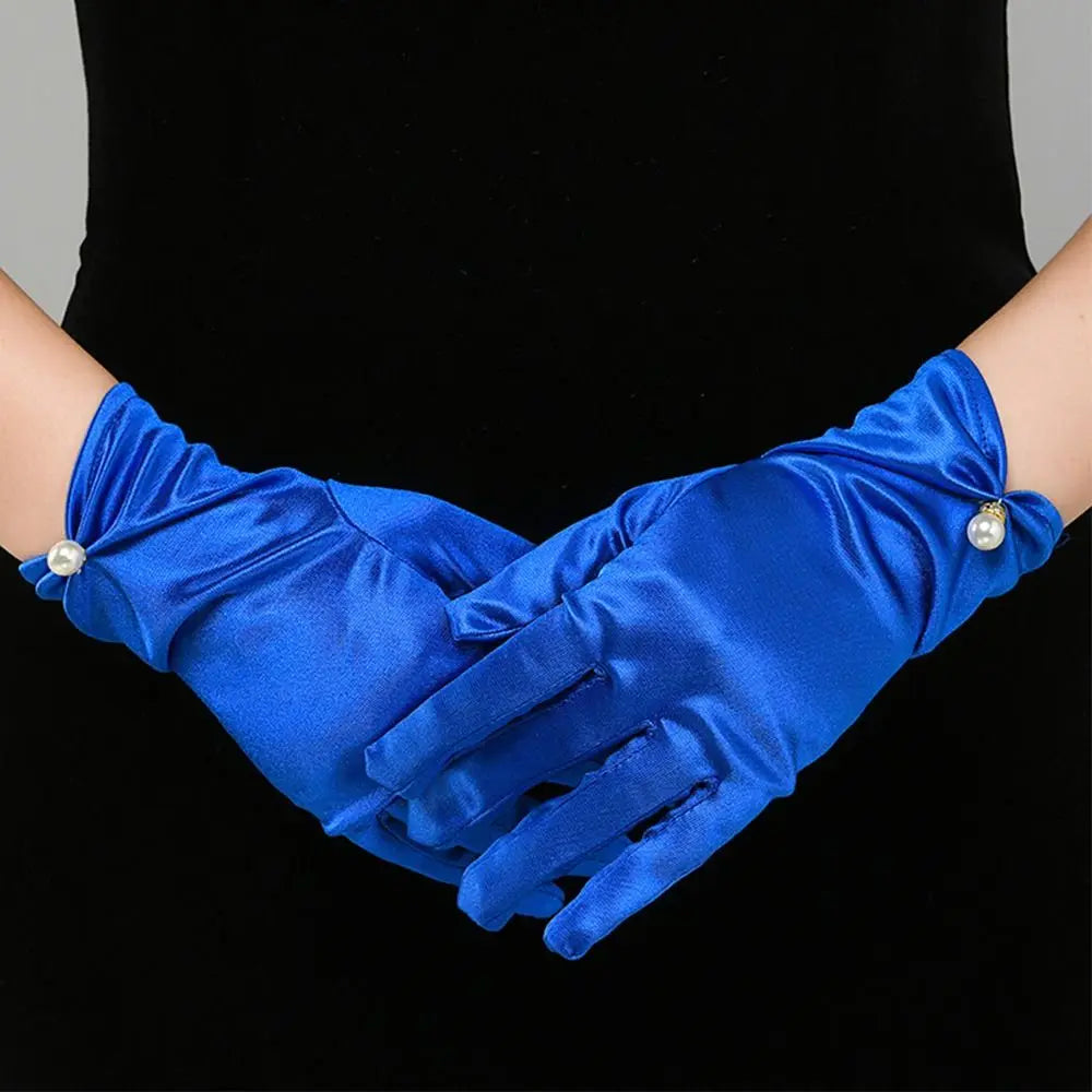 Women Wrist Length Gloves Sexy Elegant Pearl Bowknot Short Satin Stretch Gloves for Ladies Girls Hand Gloves Sunscreen