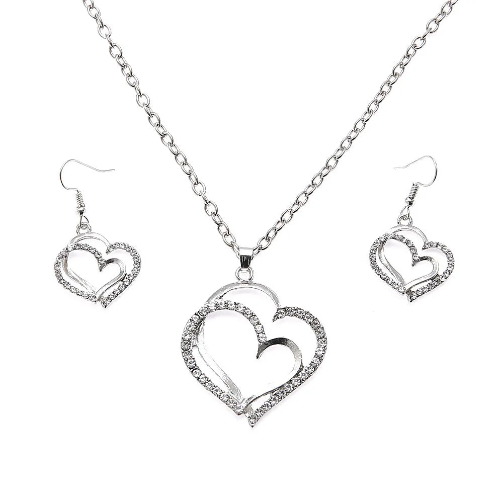 3 Pcs Set Heart Shaped Jewelry Set Of Earrings Pendant Necklace For Women Exquisite Fashion Rhinestone Double Heart Jewelry Set-Dollar Bargains Online Shopping Australia