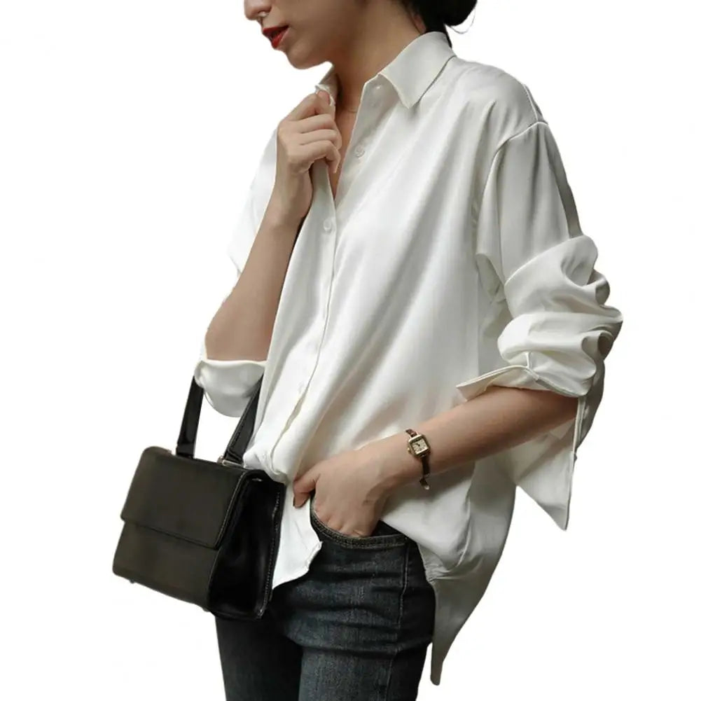 Women Shirt Formal Business Blouse Shirt Vintage Satin Silky Loose Long Sleeve Lapel-Dollar Bargains Online Shopping Australia