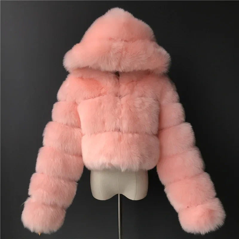 Furry Cropped Faux Fur Coats Jackets Women Fluffy Top Coat Hooded Straight Short Winter Fur Jacket Fashion Streetwear New