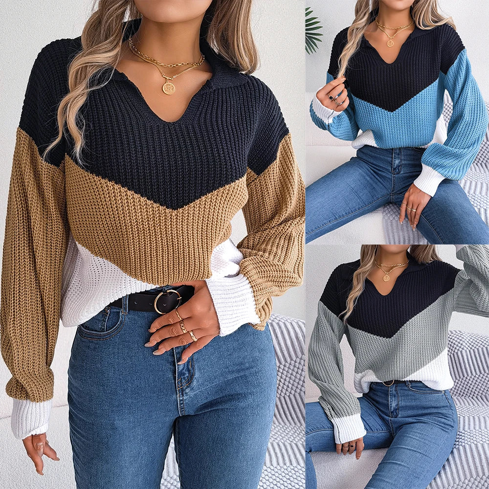 Patchwork Color Lantern Long Sleeve Knitted Sweater Women Casual Pullovers