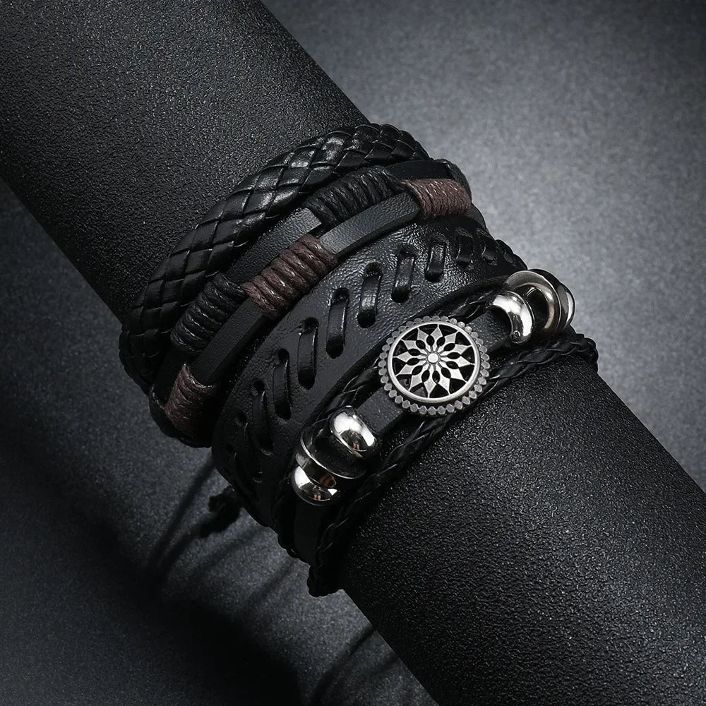 Trendy Compass Man Leather Bracelets set Black Hand Woven Bracelet for Men 4pcs/set DIY Male Jewelry Gift New Pulsera Hombre-Dollar Bargains Online Shopping Australia